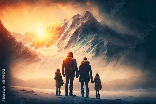family standing together in front of a snow-covered mountain, the sun setting in the background and casting a warm, golden light over the scene. shadows of the mountain stretch out into the horizon