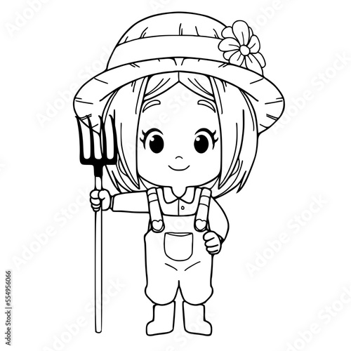 Young girl farmer.vector.coloring book.coloring page.