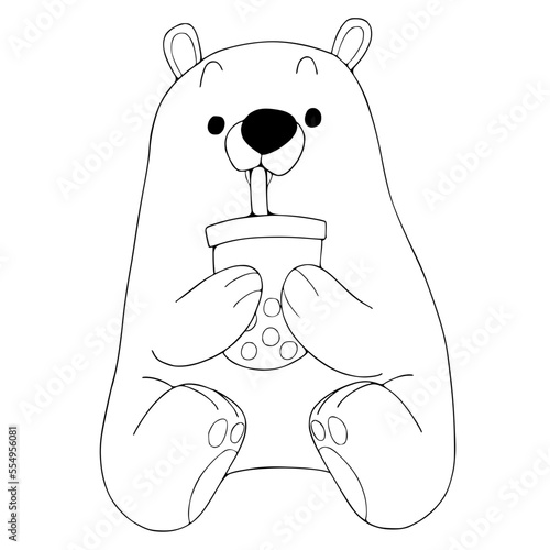 Bear drink bubble tea cartoon coloring book page.vector illustration isolated on white background.