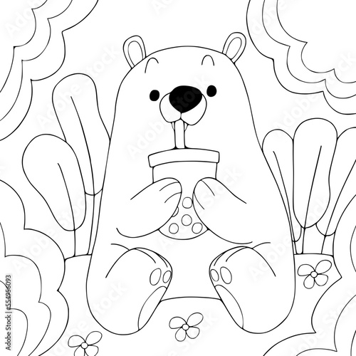 Bear drink bubble tea cartoon coloring book page.vector illustration isolated on white background.