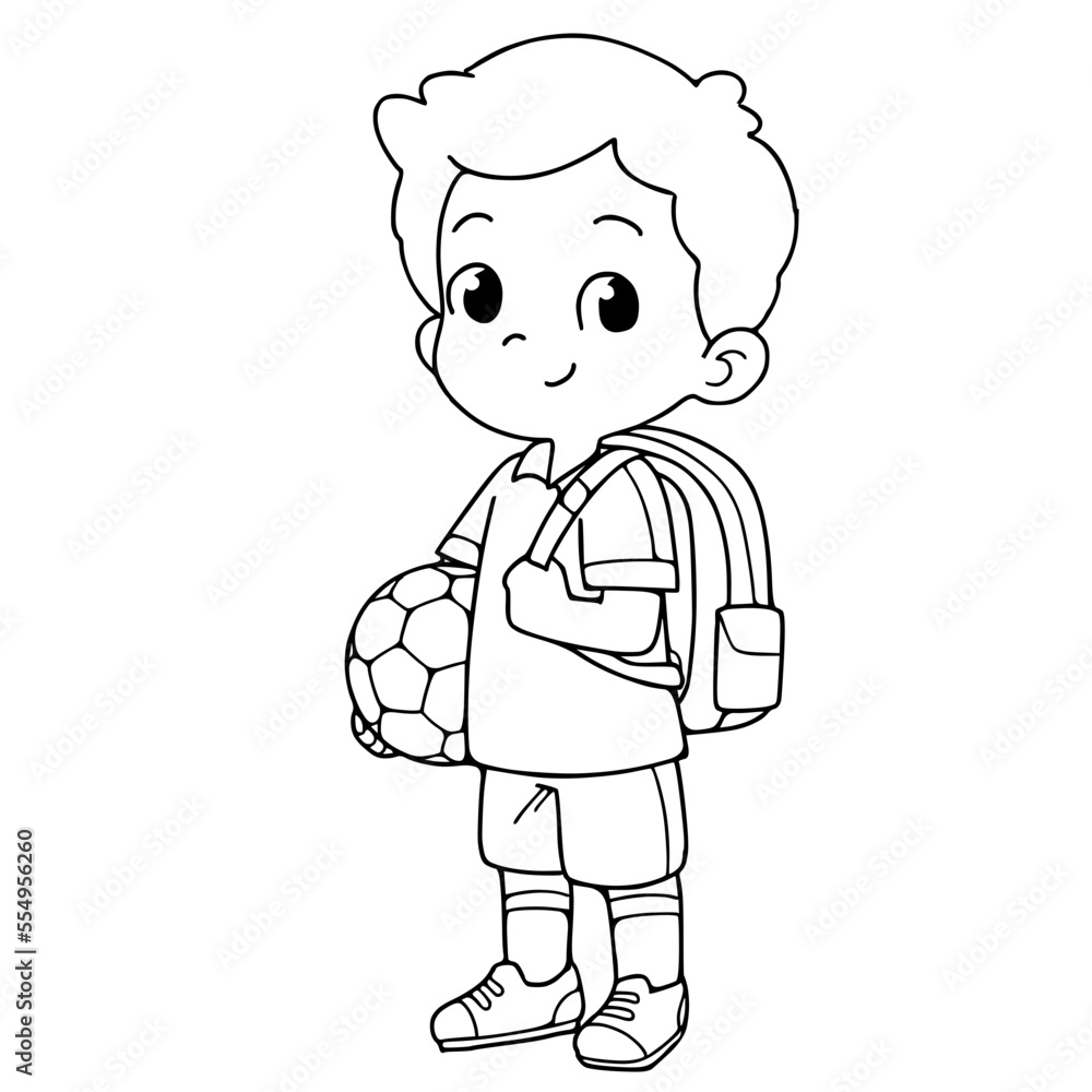 School boy holding a ball.vector.coloring book.outline.