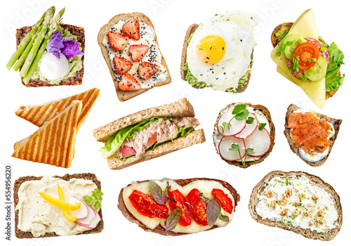 Delicious sandwiches with various ingredients isolated top view