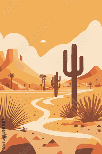 sand desert landscape in sunset with cactus and mountains flat color vector