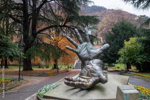 Monument in park opposite to Como San Giovanni in Como , Northern Italy