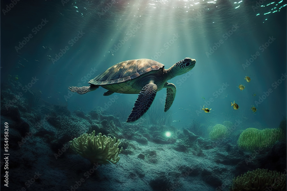 Fototapeta premium turtle under water while sun is shining through the water, generative ai technology