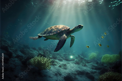 turtle under water while sun is shining through the water  generative ai technology