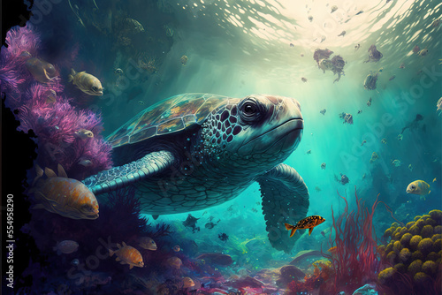 big young turtle illustration under the water, shining, generative ai technology © Sternfahrer