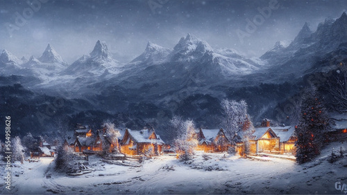 winter landscape in the mountains at night with a cozy village