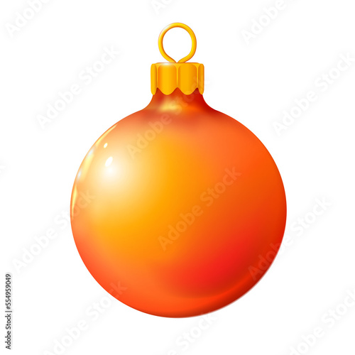 Red orange Christmas ball, bauble isolated on white, 3d. Realistic Merry xmas and New year design element, colorful decoration illustration. Png