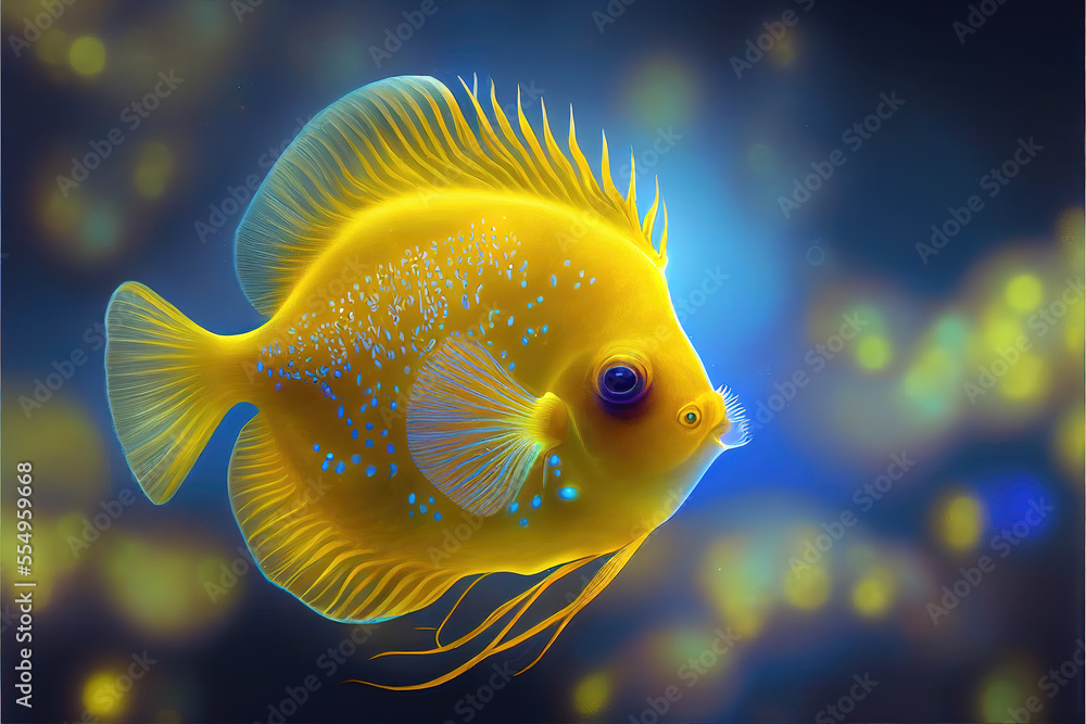 a yellow fantasy shining fish under water, generative ai technology a yellow fantasy shining fish under water, generative ai technology