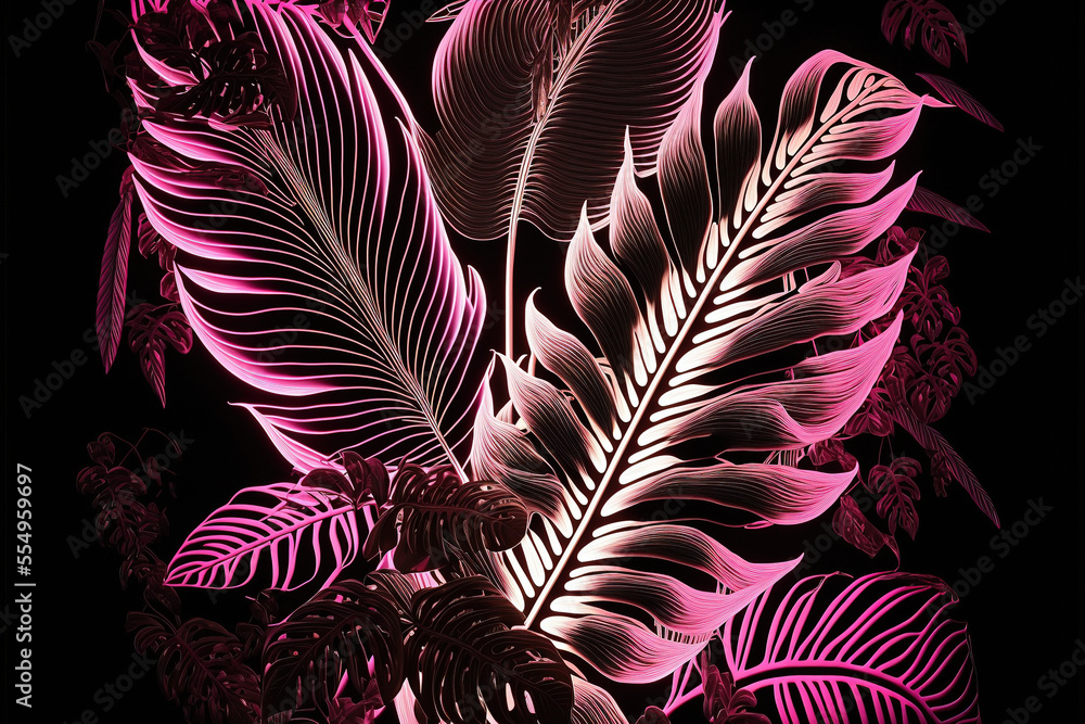 Fototapeta premium tropical and palm leaves in the dark illuminated with pink neon. Neon background with tropical leaves. AI