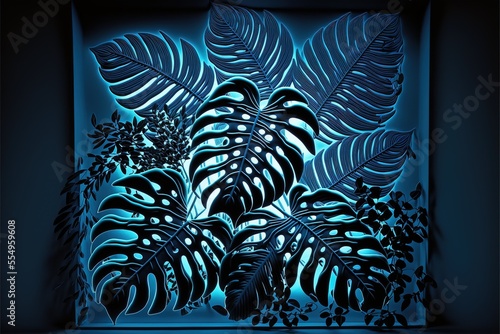tropical and palm leaves in the dark illuminated by blue neon. Neon background with tropical leaves. AI