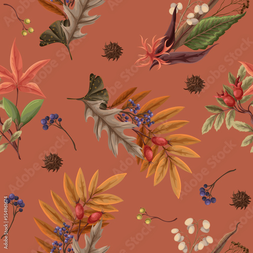 Seamless pattern with autumn leaves and dried plants. Vector. © Yumeee