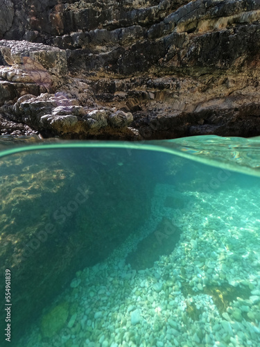 Underwater split sea level photo of famous paradise beach of Agiofili in island of Lefkada, Ionian, Greece
