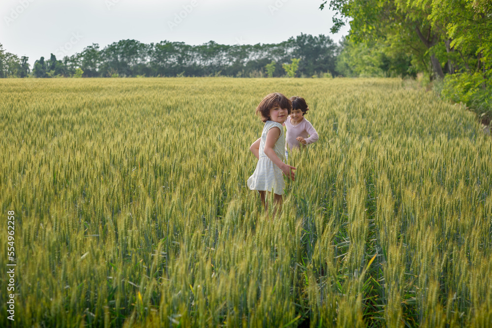 two girls with short dark hair playing together in wheat field two girls with short dark hair playing together in wheat field