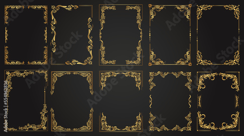 Luxury decorative golden frames. Retro ornamental frame, vintage rectangle ornaments & ornate border. Decorative wedding frames, antique museum image borders. Isolated vector icons set
