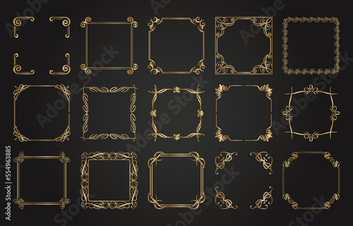 Decorative golden frames. Retro ornamental frame, vintage square ornaments & ornate border. Wedding frames, invitation cards, menus, books & image borders, deco dividers. Isolated vector icons set