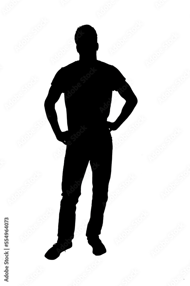silhouette of a front view of a man with hands akimbo on white background