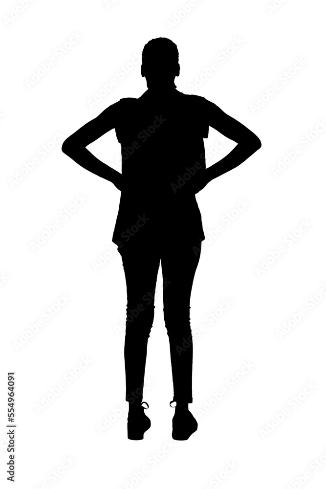 silhouette of a woman from behind with her arms akimbo on white background silhouette of a woman from behind with her arms akimbo on white background