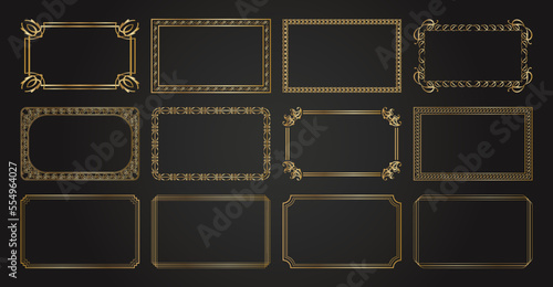 Decorative golden frames. Retro ornamental frame, vintage rectangle ornaments & ornate border. Wedding frames, invitation cards, menus, books & image borders, deco dividers. Isolated vector icons set