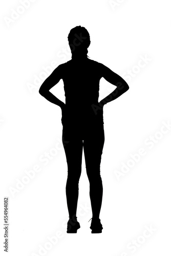 back view of a woman with sportswear hands akimbo on white background