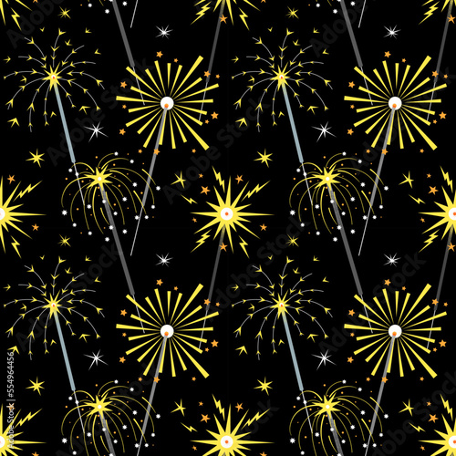 Seamless Pattern with Abstract Geometric Sparklers sticks. Vector illustration of Party Fireworks. Bengal lights background. Christmas wrapping paper texture.