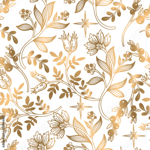Seamless pattern with gold Christmas elements. Vector.