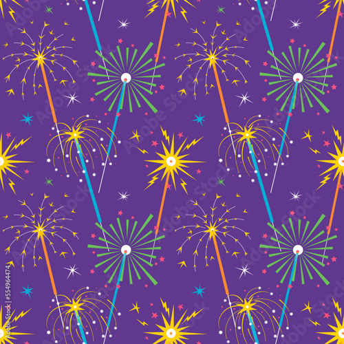 Seamless Pattern with Abstract Geometric Sparklers sticks. Vector illustration of Party Fireworks. Bengal lights background. Christmas wrapping paper texture.