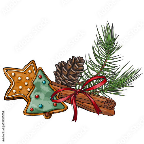Christmas composition with cookies. Hand drawn composition with cinnamon, citrus and pine branches, Isolate individual PNG objects