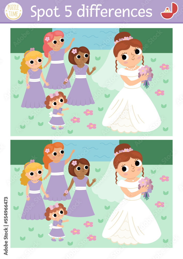 Find differences game for children. Wedding educational activity with cute married girl. Marriage ceremony puzzle for kids with bride throwing bouquet to bridesmaids. Printable worksheet. Find differences game for children. Wedding educational activity with cute married girl. Marriage ceremony puzzle for kids with bride throwing bouquet to bridesmaids. Printable worksheet.