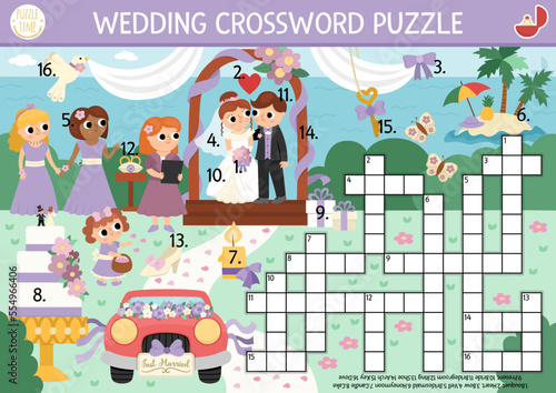 Vector wedding crossword puzzle for kids. Simple quiz with marriage ceremony landscape for children. Educational activity with bride, groom, guests, cake. Cute cross word with matrimony holiday scene.