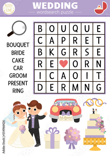 Vector wedding wordsearch puzzle for kids. Simple word search quiz with marriage ceremony landscape for children. Educational activity with bride, groom, cake. Cross word with traditional symbols.