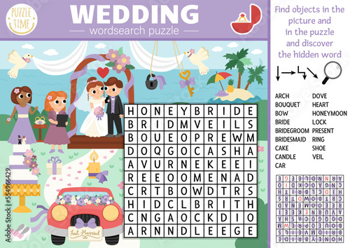 Vector wedding wordsearch puzzle for kids. Word search quiz with marriage ceremony landscape for children. Educational activity with bride, groom, guests, cake. Cross word with holiday scene.