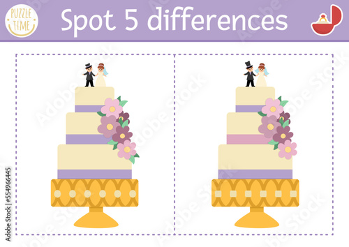 Find differences game for children. Educational activity with cute wedding cake. Marriage ceremony puzzle for kids with funny dessert with bride and groom figurines. Printable worksheet or page.
