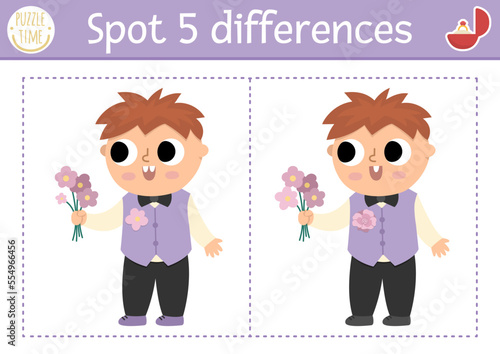 Find differences game for children. Wedding educational activity with cute boy with bouquet of flowers. Marriage ceremony puzzle for kids with funny little kid guest. Printable worksheet or page.