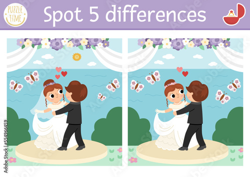 Find differences game for children. Wedding educational activity with cute married couple. Marriage ceremony puzzle for kids with funny dancing bride and groom. Printable worksheet or page.
