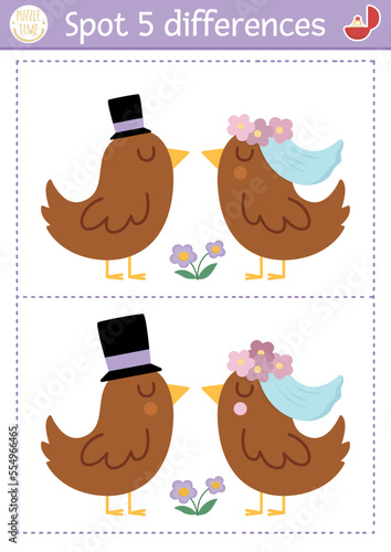 Find differences game for children. Wedding educational activity with cute married birds couple. Marriage ceremony puzzle for kids with funny animal bride and groom. Printable worksheet.