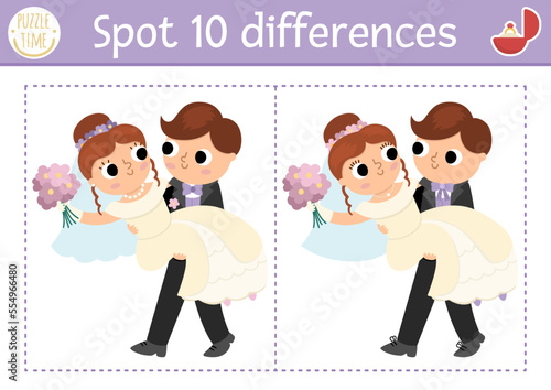Find differences game for children. Wedding educational activity with cute married couple. Marriage ceremony puzzle for kids with groom carrying his bride. Printable worksheet or page.