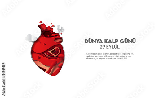 Dünya Kalp Günü.
Heart, cloud and hot air cloud in the background. 3D paper cut drawing. Translation: World Heart Day concept