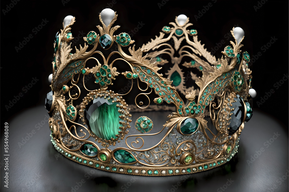 A precious crown with emeralds, a royal decoration.