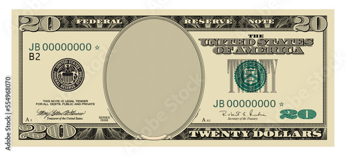 US Dollars 20 banknote seria 1996 -American dollar bill cash money isolated on white background. photo