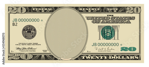 US Dollars 20 banknote seria 1996 -American dollar bill cash money isolated on white background.
