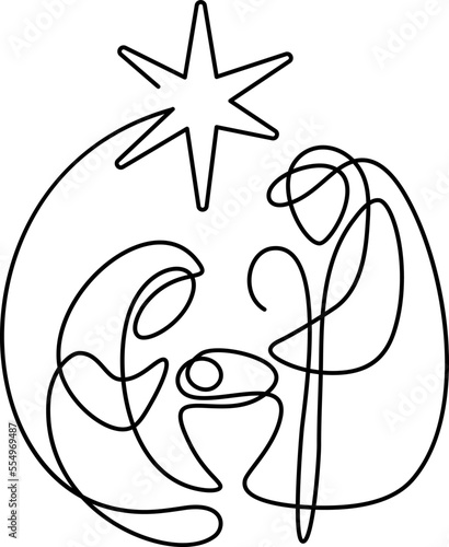 Vector Christmas Christian religious Nativity Scene of baby Jesus with Mary and Joseph and star bethlehem in round frame one line. Logo icon illustration sketch. Doodle hand drawn with black monoline