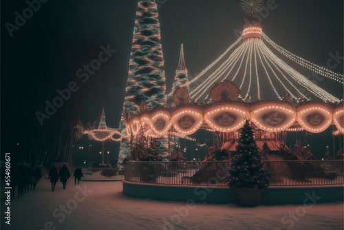 fantasy christmas, winter and leisure concept skating rink over outdoor holiday lights background.generative ai. © Nokhoog