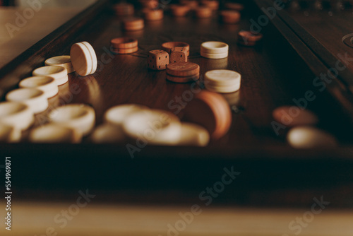 Fotobehang Handmade wooden backgammon for playing with natural wood