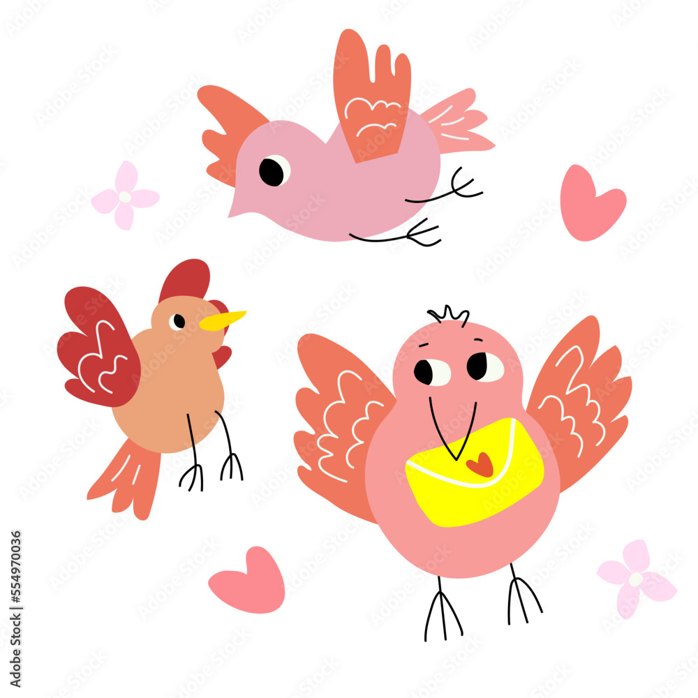 Three birds flying, one bird is carrying an envelope with a heart. Hand drawn vector illustration. Love birds, messaging, love, communication concept.