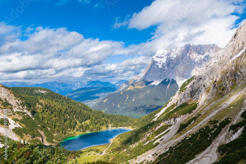 View from the Drachensee towards the Lake Seebensee and Zugspitzmassif