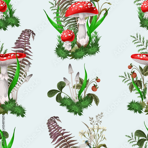 Seamless pattern with fly agaric, other mushrooms and plants. Vector.