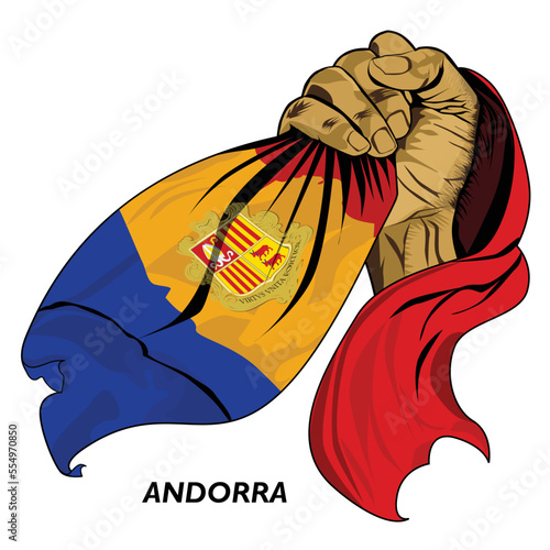 Fisted hand holding Andorran flag. Vector illustration of Hand lifted and grabbing flag. Flag draping around hand. Eps format