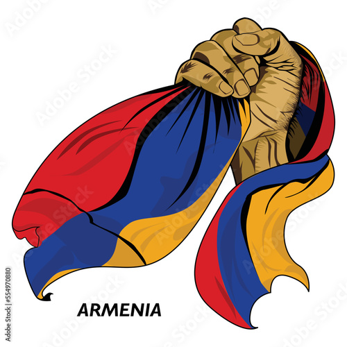 Fisted hand holding Armenian flag. Vector illustration of Hand lifted and grabbing flag. Flag draping around hand. Eps format